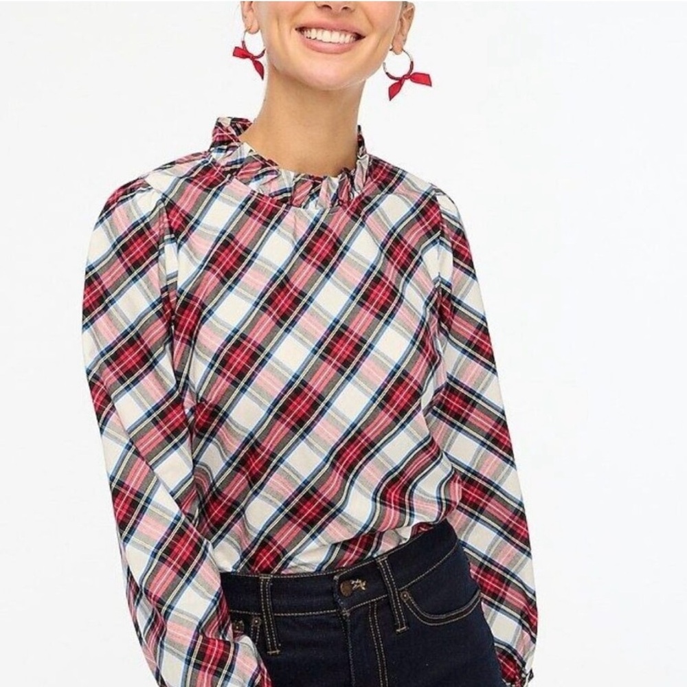 J. Crew Ruffleneck Tartan Plaid Blouse Size Medium 🎄